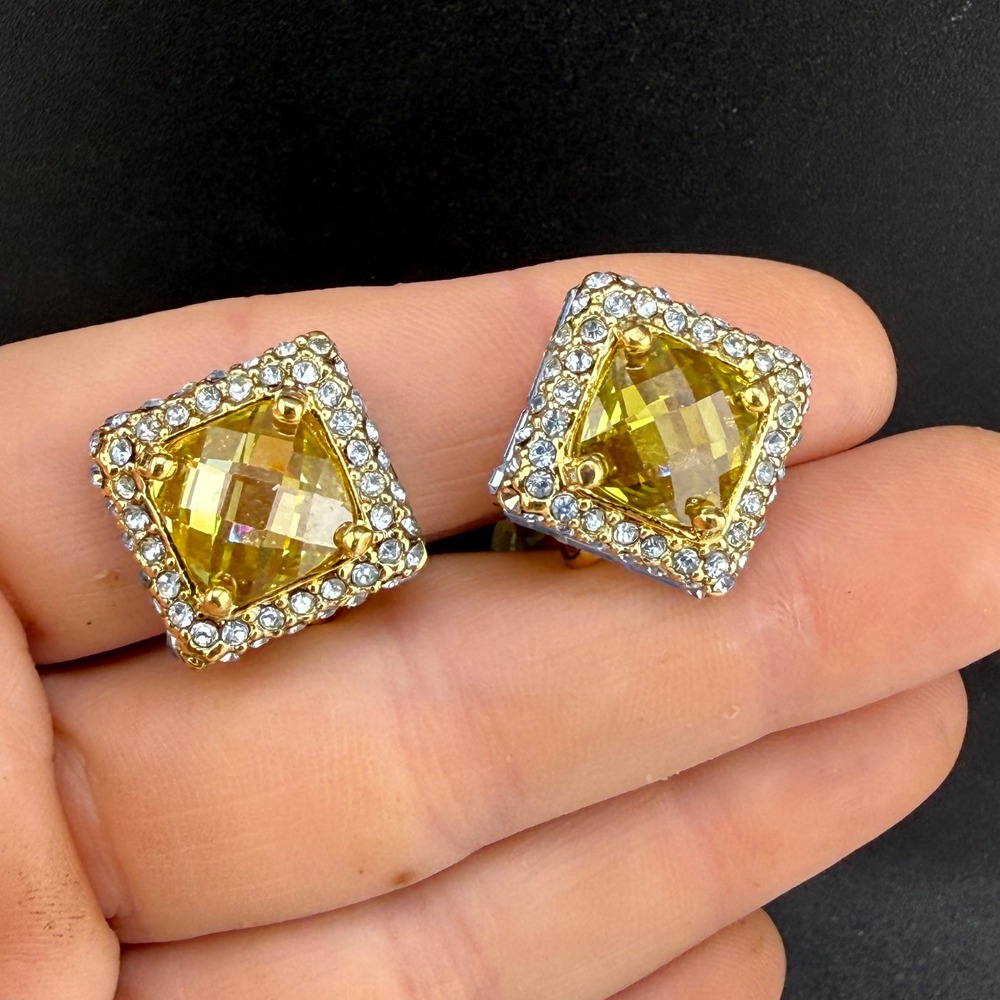 St. John Clip On Earrings Gold Tone Yellow Blue Square